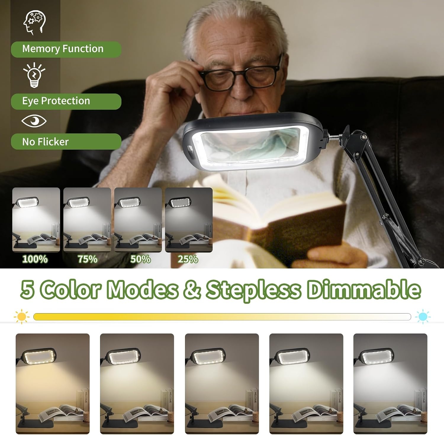 GABORISH 10 x 30 x tafelvergrootglas met licht en standaard, rechthoekige vergrootlamp met 60 leds, 5 kleurmodi en dimbaar, handvrij staande loep met licht, 2-in-1 vergrootlamp met klem en sokkel voor