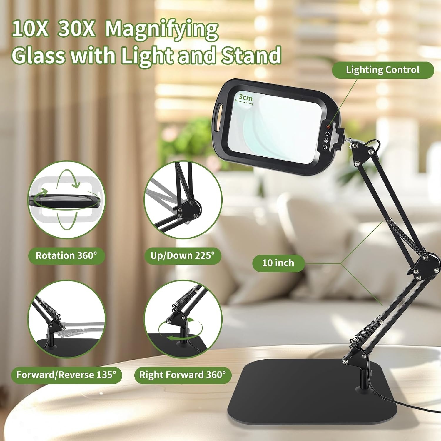 GABORISH 10 x 30 x tafelvergrootglas met licht en standaard, rechthoekige vergrootlamp met 60 leds, 5 kleurmodi en dimbaar, handvrij staande loep met licht, 2-in-1 vergrootlamp met klem en sokkel voor
