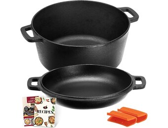 Overmont Gietijzeren pan in ‘Dutch Oven‘-stijl, gebruiksklaar, ingebrand, dubbelfunctie deksel/braadpan, voor keuken, camping, tuin barbecue, bakken en gasgrill