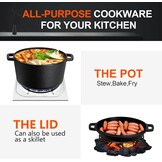 Overmont Gietijzeren pan in ‘Dutch Oven‘-stijl, gebruiksklaar, ingebrand, dubbelfunctie deksel/braadpan, voor keuken, camping, tuin barbecue, bakken en gasgrill