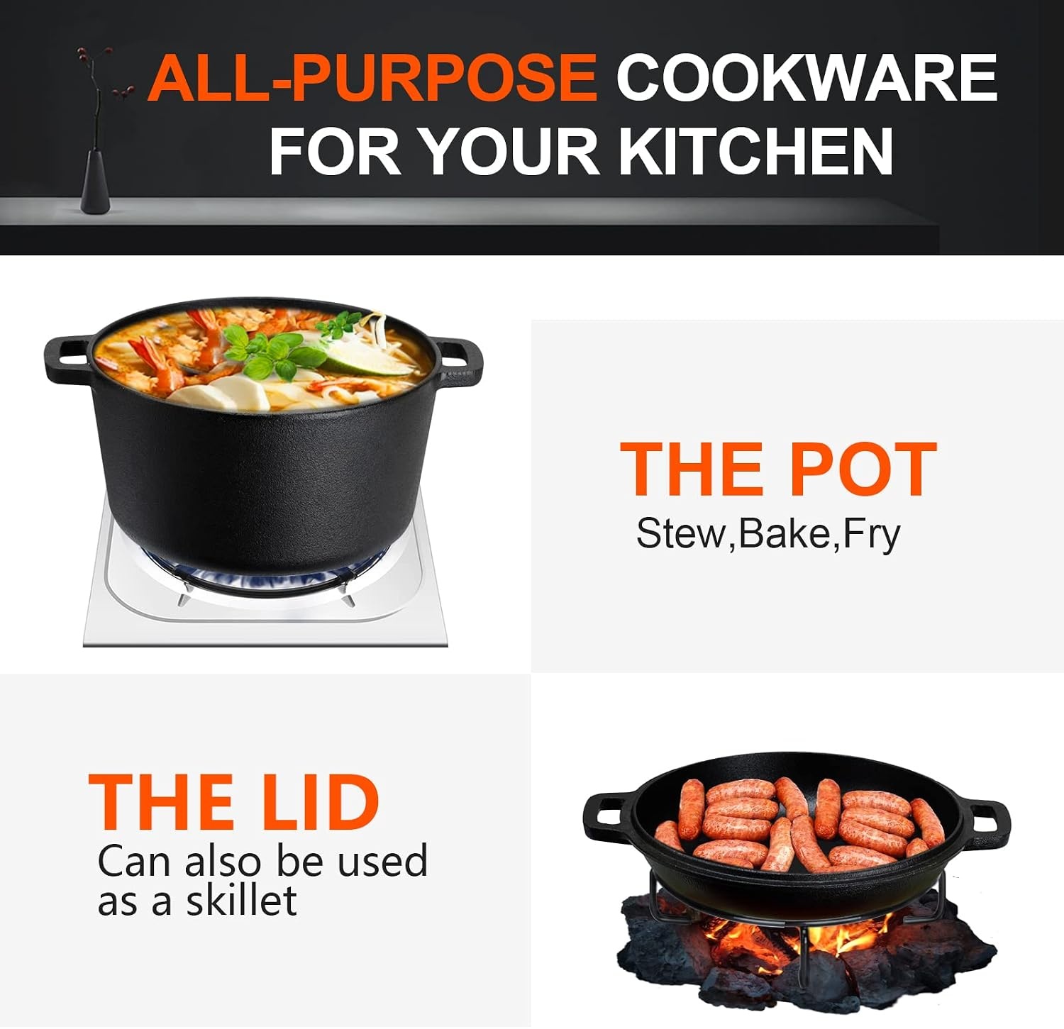 Overmont Gietijzeren pan in ‘Dutch Oven‘-stijl, gebruiksklaar, ingebrand, dubbelfunctie deksel/braadpan, voor keuken, camping, tuin barbecue, bakken en gasgrill