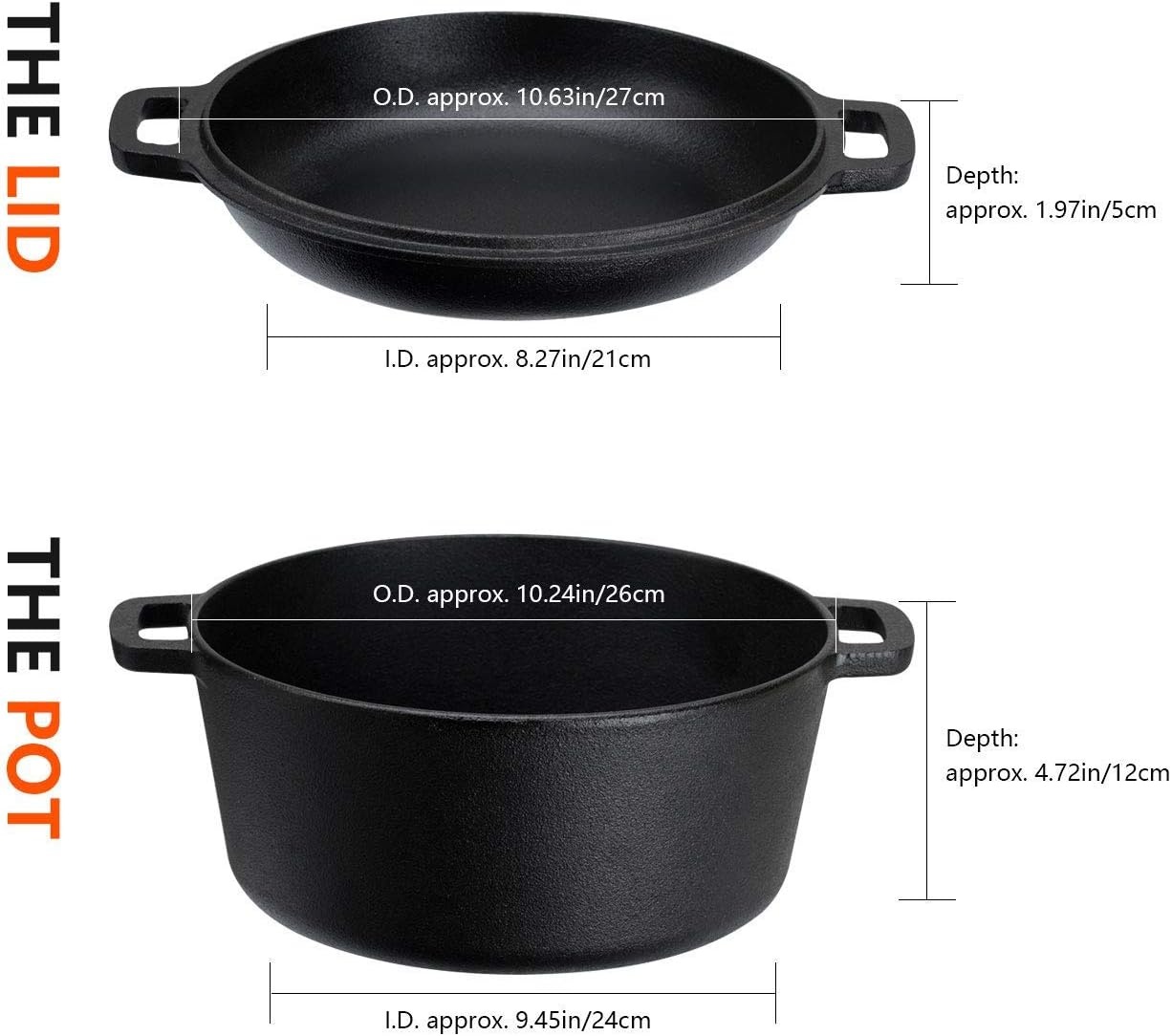 Overmont Gietijzeren pan in ‘Dutch Oven‘-stijl, gebruiksklaar, ingebrand, dubbelfunctie deksel/braadpan, voor keuken, camping, tuin barbecue, bakken en gasgrill