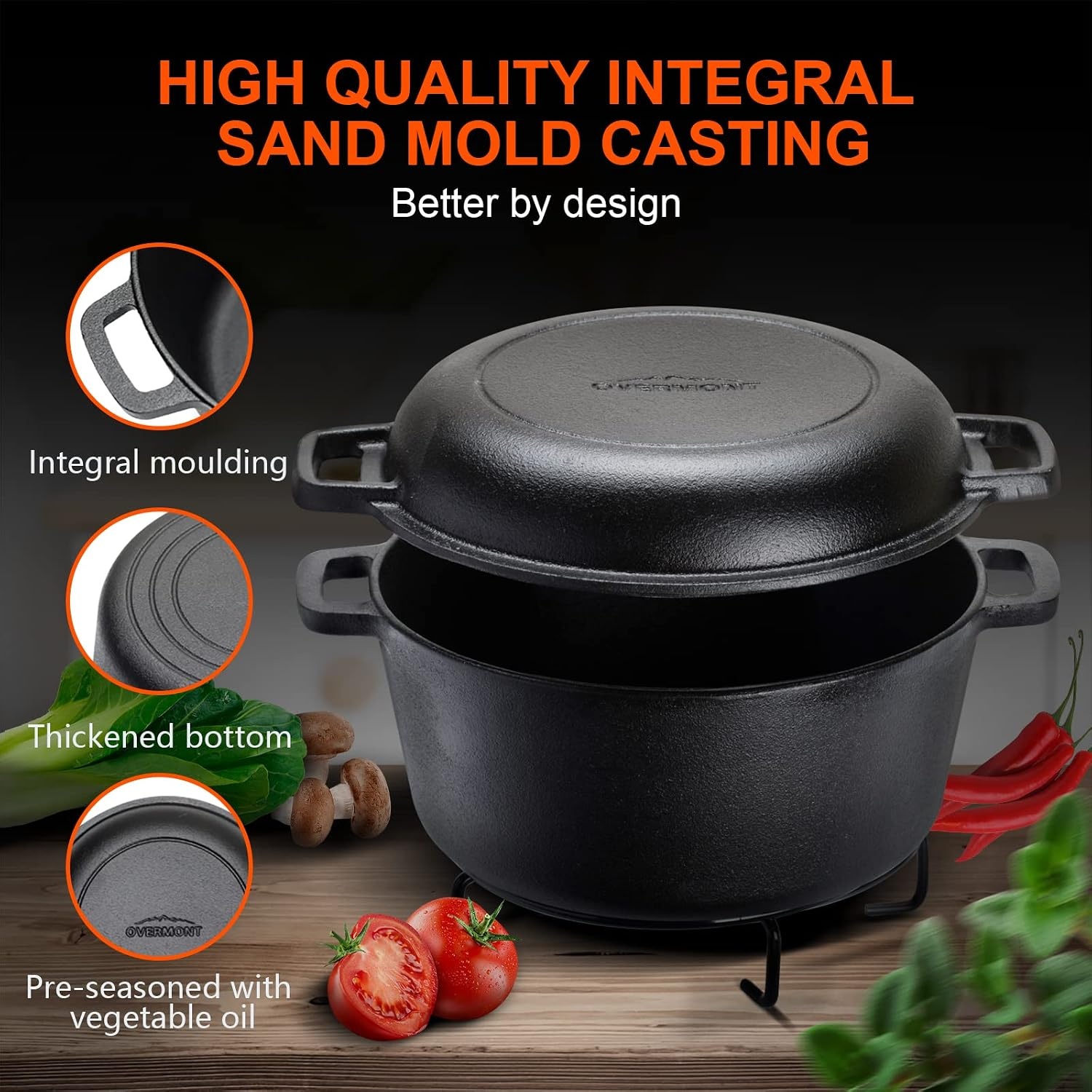 Overmont Gietijzeren pan in ‘Dutch Oven‘-stijl, gebruiksklaar, ingebrand, dubbelfunctie deksel/braadpan, voor keuken, camping, tuin barbecue, bakken en gasgrill