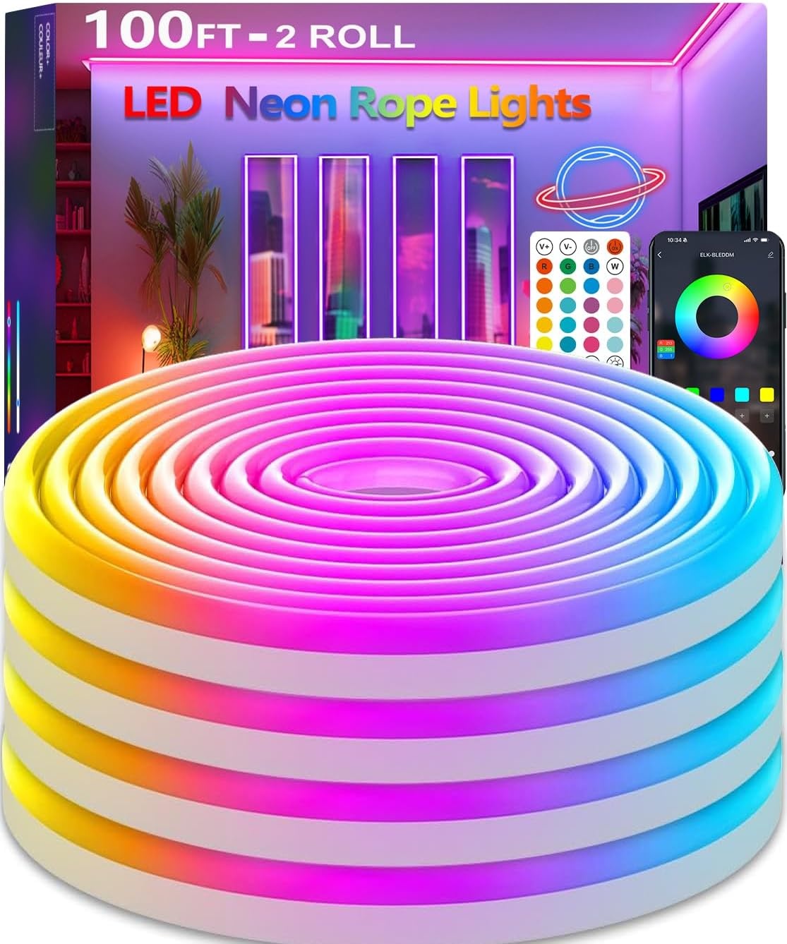 30m (2 Rolls 15m) Neon Rope Light, Flexible Led Lights Control with App/Remote, Multiple Modes, IP65 Outdoor Waterproof, Music Sync Light Strip for Bedroom - Maat 100FT-Led Neon Lights