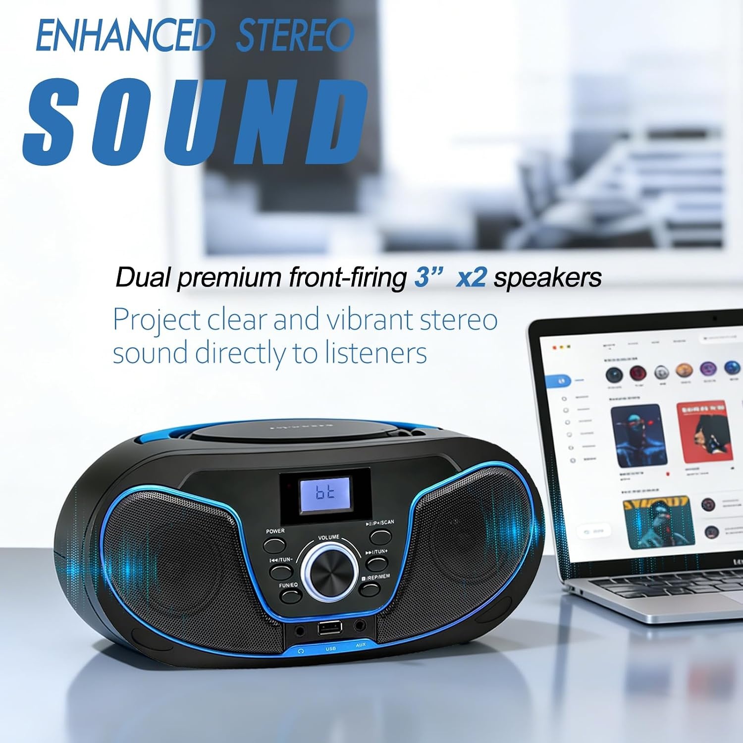 LONPOO D02 Draagbare cd-speler voor kinderen – radio CD Boombox met FM-radio, Bluetooth, USB-ingang, AUX-aansluiting en hoofdtelefoonuitgang, stereo luidsprekers