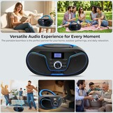 LONPOO D02 Draagbare cd-speler voor kinderen – radio CD Boombox met FM-radio, Bluetooth, USB-ingang, AUX-aansluiting en hoofdtelefoonuitgang, stereo luidsprekers