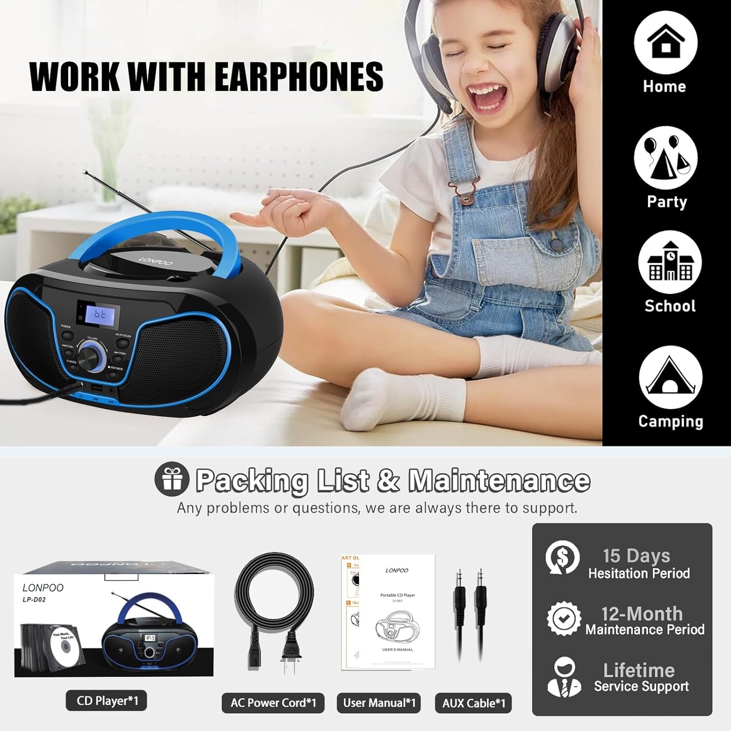 LONPOO D02 Draagbare cd-speler voor kinderen – radio CD Boombox met FM-radio, Bluetooth, USB-ingang, AUX-aansluiting en hoofdtelefoonuitgang, stereo luidsprekers