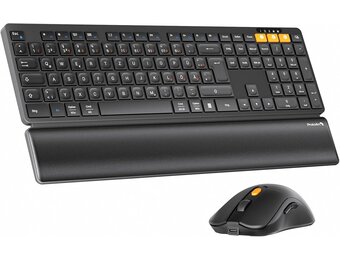 ProtoArc Wireless Keyboard and Mouse, KM60 Full Size Bluetooth Keyboard and Mouse Set with Wrist Rest, 2.4GHz + Dual Bluetooth, Rechargeable for Laptop, PC, Mac, Windows, QWERTY UK Format, Black