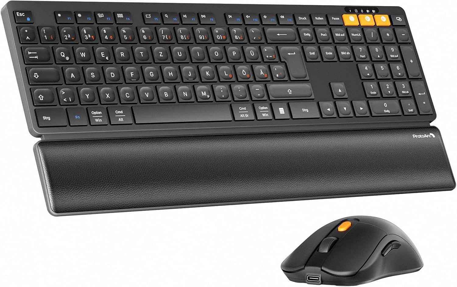 ProtoArc Wireless Keyboard and Mouse, KM60 Full Size Bluetooth Keyboard and Mouse Set with Wrist Rest, 2.4GHz + Dual Bluetooth, Rechargeable for Laptop, PC, Mac, Windows, QWERTY UK Format, Black