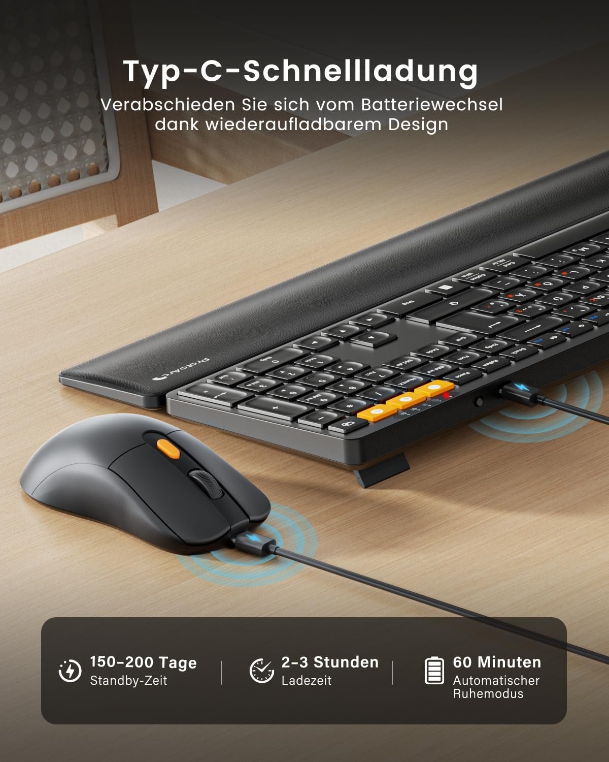 ProtoArc Wireless Keyboard and Mouse, KM60 Full Size Bluetooth Keyboard and Mouse Set with Wrist Rest, 2.4GHz + Dual Bluetooth, Rechargeable for Laptop, PC, Mac, Windows, QWERTY UK Format, Black