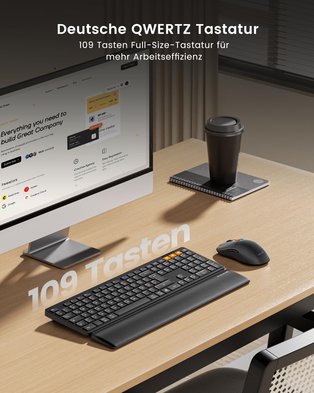 ProtoArc Wireless Keyboard and Mouse, KM60 Full Size Bluetooth Keyboard and Mouse Set with Wrist Rest, 2.4GHz + Dual Bluetooth, Rechargeable for Laptop, PC, Mac, Windows, QWERTY UK Format, Black