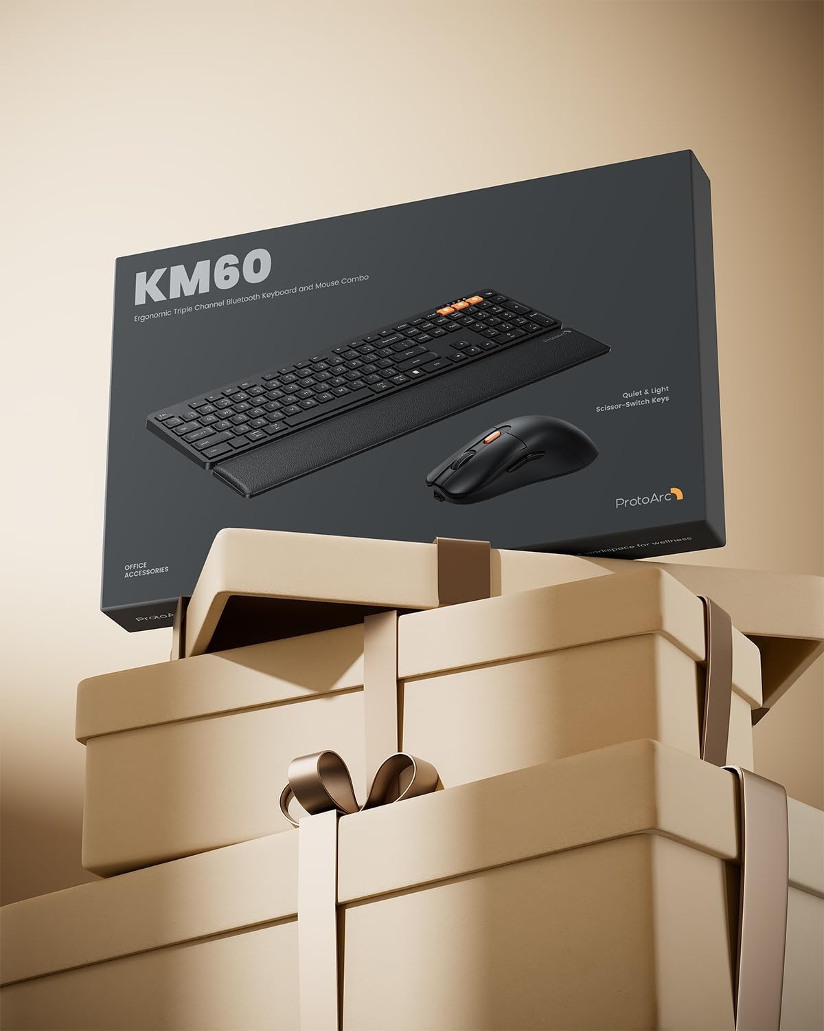 ProtoArc Wireless Keyboard and Mouse, KM60 Full Size Bluetooth Keyboard and Mouse Set with Wrist Rest, 2.4GHz + Dual Bluetooth, Rechargeable for Laptop, PC, Mac, Windows, QWERTY UK Format, Black
