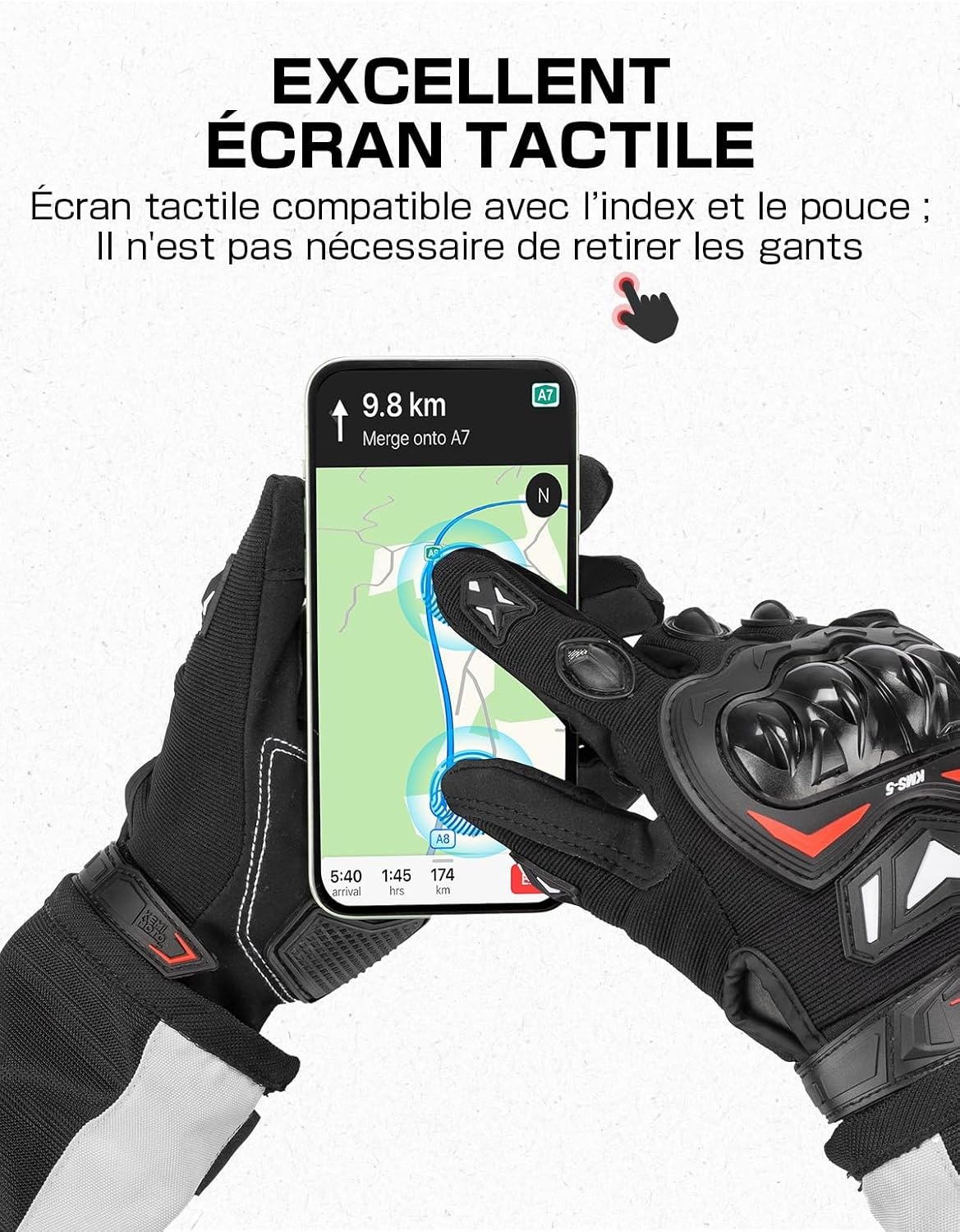 KEMIMOTO Goedgekeurde motorhandschoenen, gewrichtsbescherming en schokbestendigheid, touchscreen met volledige vingers, ademend voor dames en heren, motorcross, klimmen en jagen