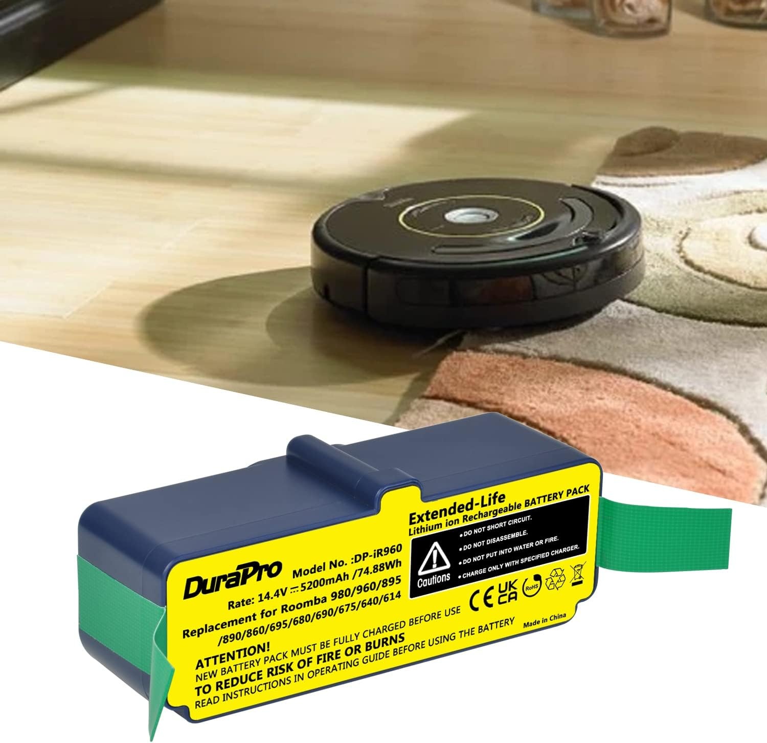DuraPro 14.4V 5200mAh Li-ion Battery for iRobot Roomba 900 960 965 966 980 865 866 870 871 760 765 770; 500 600 700 800 900 Series Vacuum Cleaner