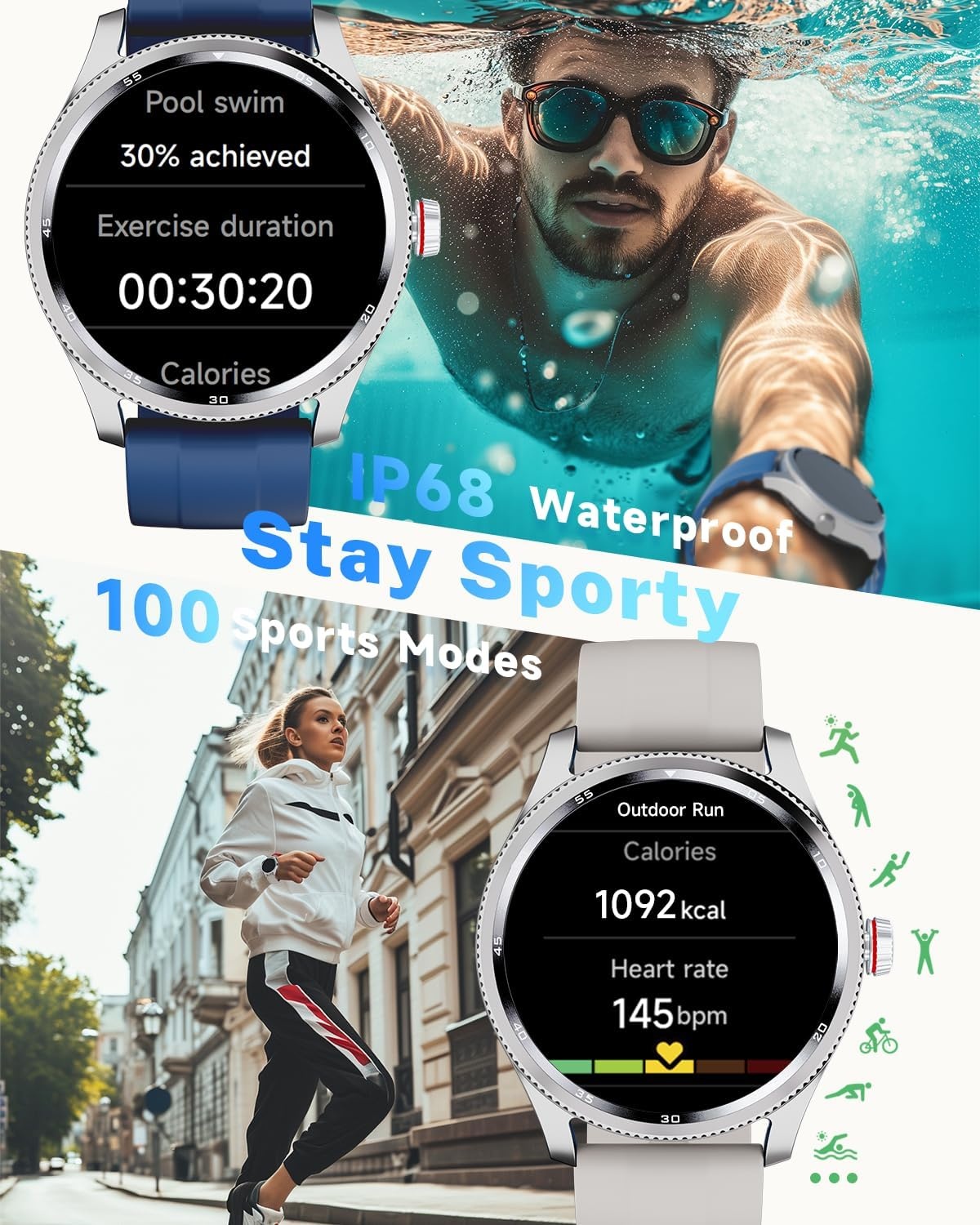 TOOBUR Smartwatch Beige 1.38 inch - Bellen - Hartslagmeter - IP68 Waterdicht