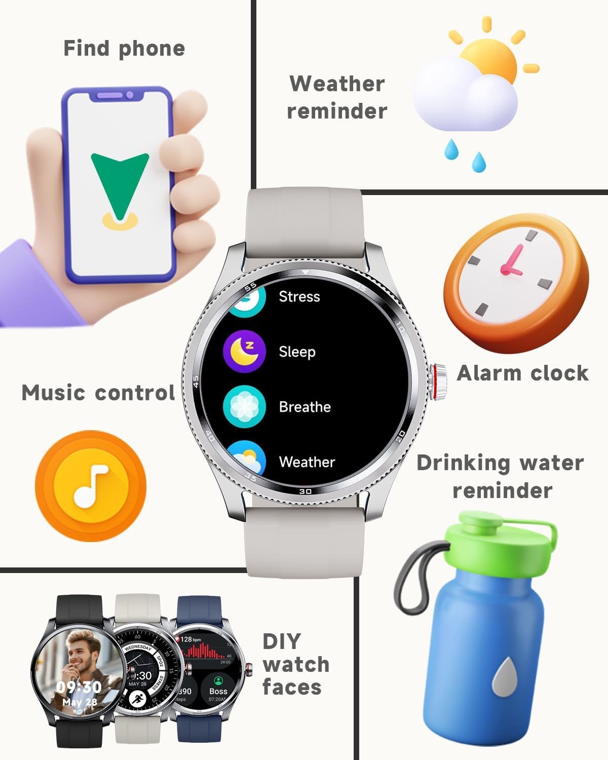 TOOBUR Smartwatch Beige 1.38 inch - Bellen - Hartslagmeter - IP68 Waterdicht