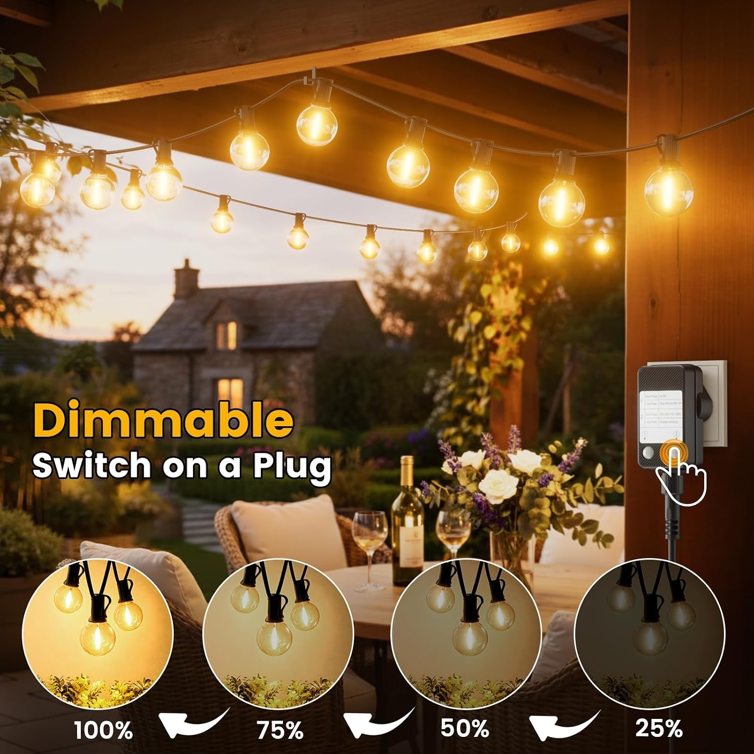 Lichtsnoer Buiten 60m met 100+4 G40 LED lampen Warmwit IP45 Waterdicht Onbreekbaar Aansluitbaar voor Tuin Terras Balkon