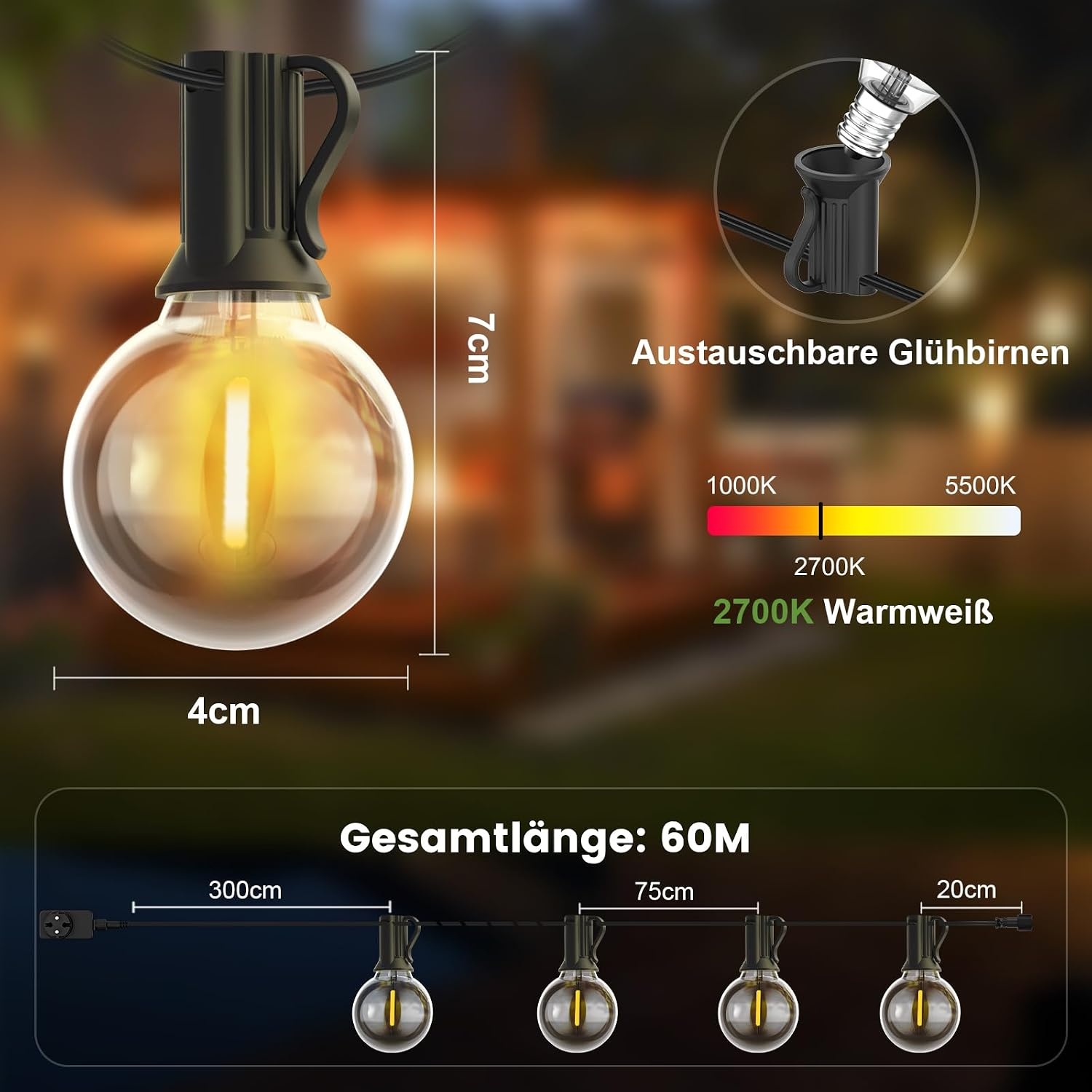 Lichtsnoer Buiten 60m met 100+4 G40 LED lampen Warmwit IP45 Waterdicht Onbreekbaar Aansluitbaar voor Tuin Terras Balkon