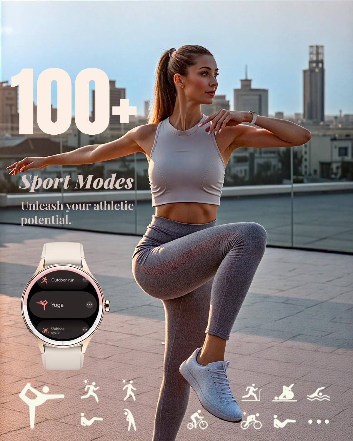 TOOBUR Smartwatch voor dames, rond, stappenteller en fitnesshorloge voor hardlopen/dagelijks gebruik, 100+ sportmodi, elegant, compatibel met Android/iOS, telefoonfunctie met oproepen, IP68 waterdicht