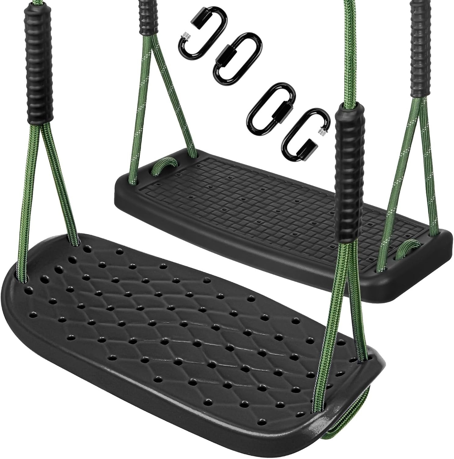 Outdoor schommelzitset, kunststof, antislip, voor kinderen en volwassenen, met verstelbaar touw en 4 karabijnhaken, voor binnen en buiten, tuinschommel, 2 stuks, zwart/272 kg capaciteit