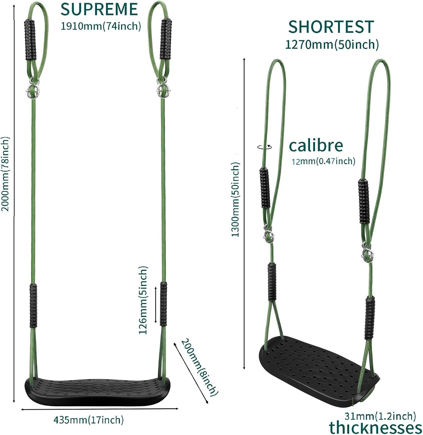Outdoor schommelzitset, kunststof, antislip, voor kinderen en volwassenen, met verstelbaar touw en 4 karabijnhaken, voor binnen en buiten, tuinschommel, 2 stuks, zwart/272 kg capaciteit