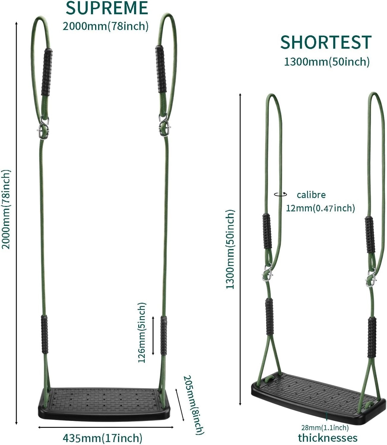 Outdoor schommelzitset, kunststof, antislip, voor kinderen en volwassenen, met verstelbaar touw en 4 karabijnhaken, voor binnen en buiten, tuinschommel, 2 stuks, zwart/272 kg capaciteit
