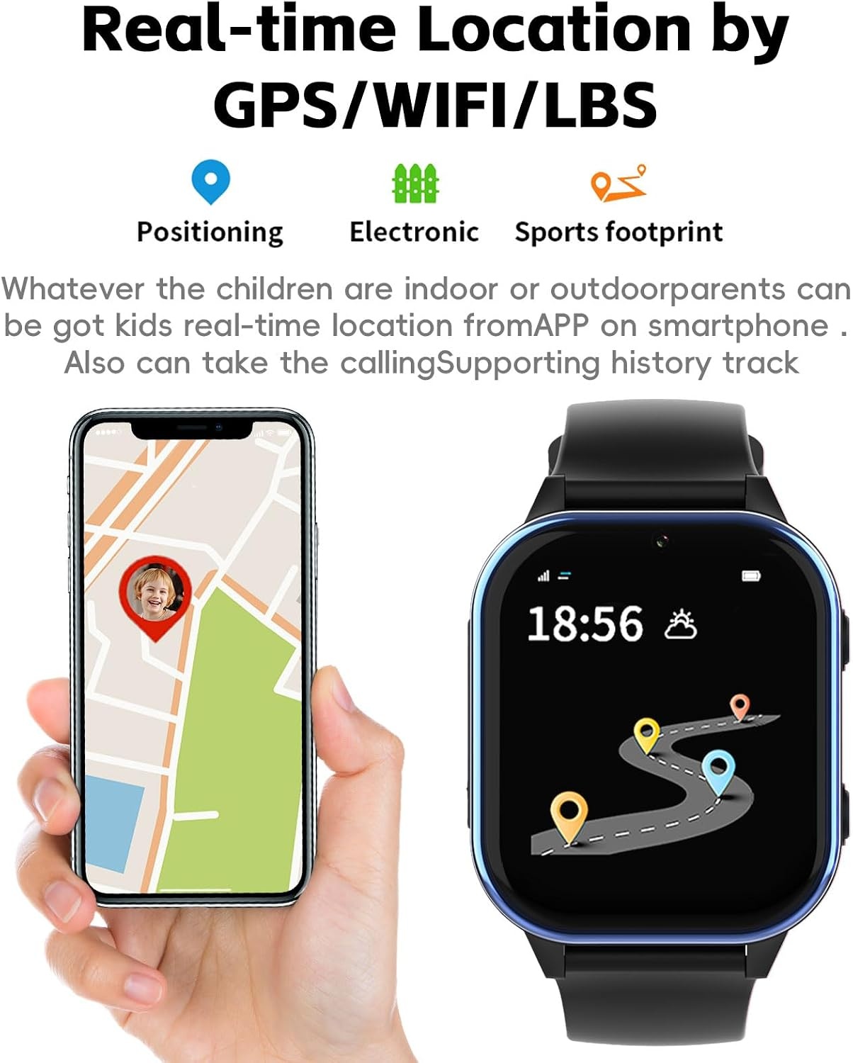 PTHTECHUS 4G GPS Smartwatch voor Kinderen - 1.85 inch - Zwart