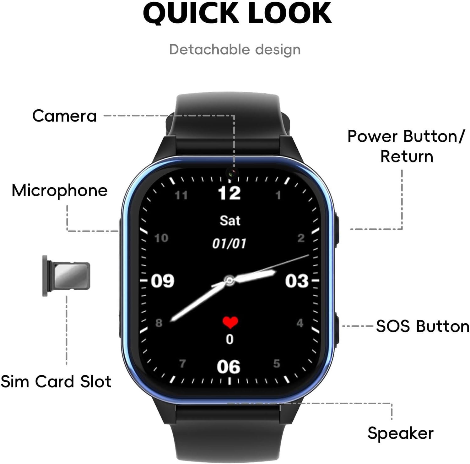 PTHTECHUS 4G GPS Smartwatch voor Kinderen - 1.85 inch - Zwart