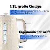 1,7 l waterkoker, snelkokende 1850 W warmwaterketel, elektrische theekoker voor kokend water, auto, Shut Off koken, droogbescherming, elektrische waterkoker voor koffiethee, beige