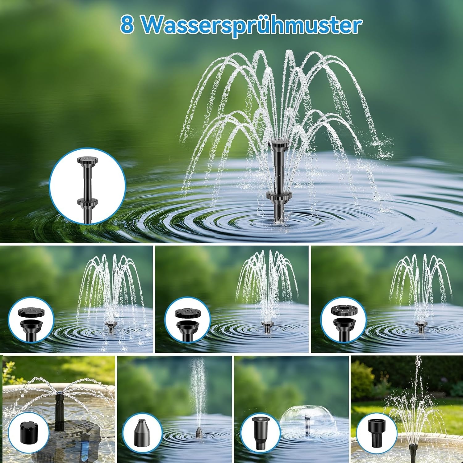Zonne-energie Fontein met Vijverfilter - 8W, 3000mAh Accu & 8 Sproeimodi - 34% Korting