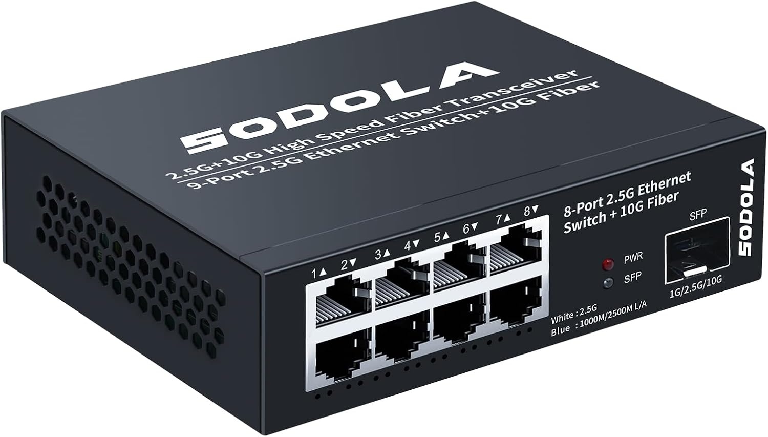 SODOLA 8-poorts 2,5 Gb-schakelaar, 8 x 2,5 GBASE-T-poorten, 1X10G SFP+,100 Gbps schakelcapaciteit, zonder ventilator, metalen Plug & Play 2.5G onbeheerde netwerkschakelaar