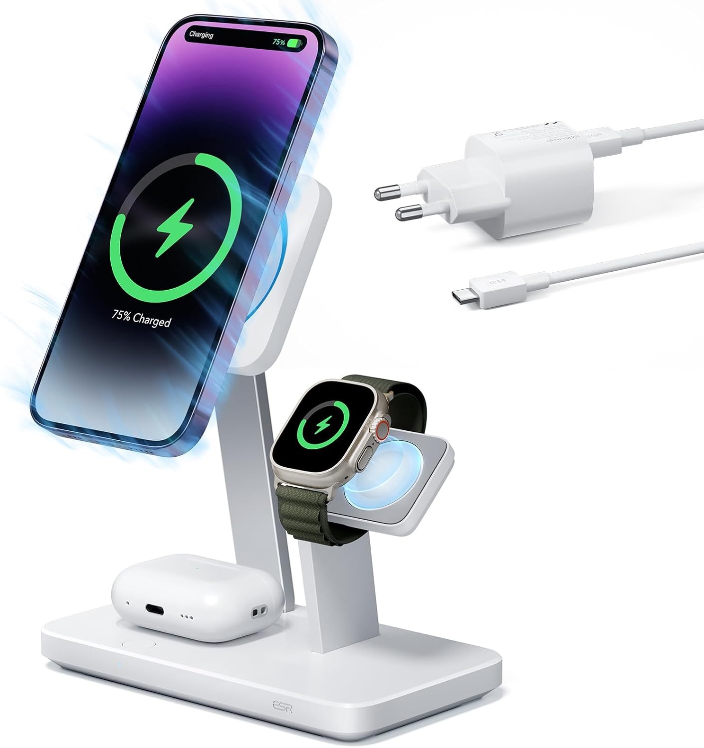 ESR Charger Stand 3 in 1 MagSafe 25W, Apple Certified Magnetic Wireless Charger, 15W MagSafe Fast Charging for iPhone 17/16/15/14/13/12/Apple Watch/AirPods 4/3/Pro, Cooling