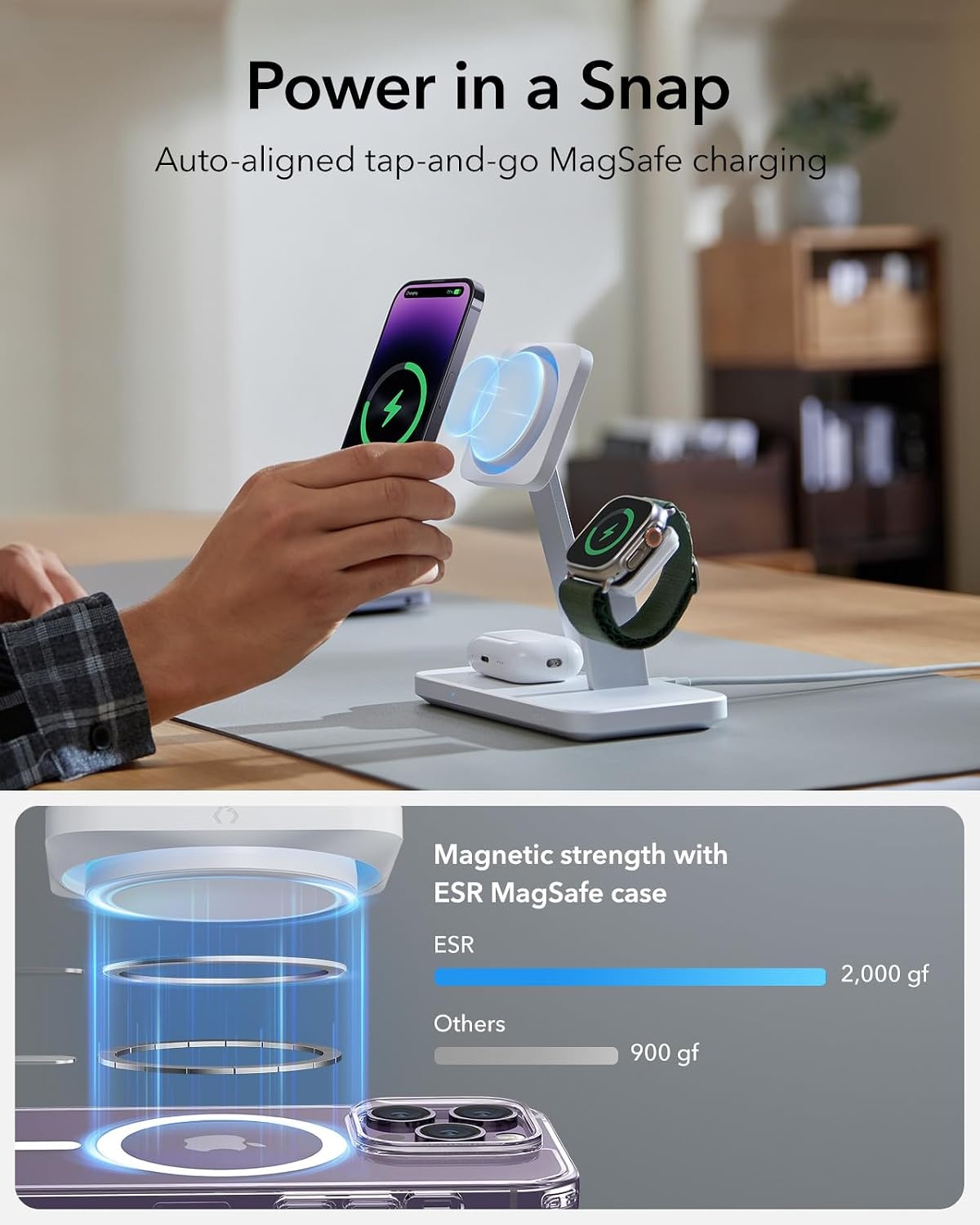 ESR Charger Stand 3 in 1 MagSafe 25W, Apple Certified Magnetic Wireless Charger, 15W MagSafe Fast Charging for iPhone 17/16/15/14/13/12/Apple Watch/AirPods 4/3/Pro, Cooling