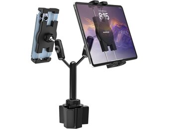 Dubbele Auto Tablethouder Bekerhouder [Dubbele Apparaatklem] Vrachtwagen Beker Tablet Houder met Verstelbare Metalen Arm voor iPad Mini Air Pro, Galaxy Tab, Surface, Fire, Telefoon, 4-12.9"