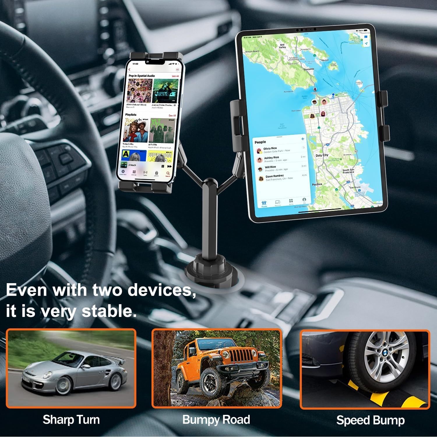 Dubbele Auto Tablethouder Bekerhouder [Dubbele Apparaatklem] Vrachtwagen Beker Tablet Houder met Verstelbare Metalen Arm voor iPad Mini Air Pro, Galaxy Tab, Surface, Fire, Telefoon, 4-12.9"