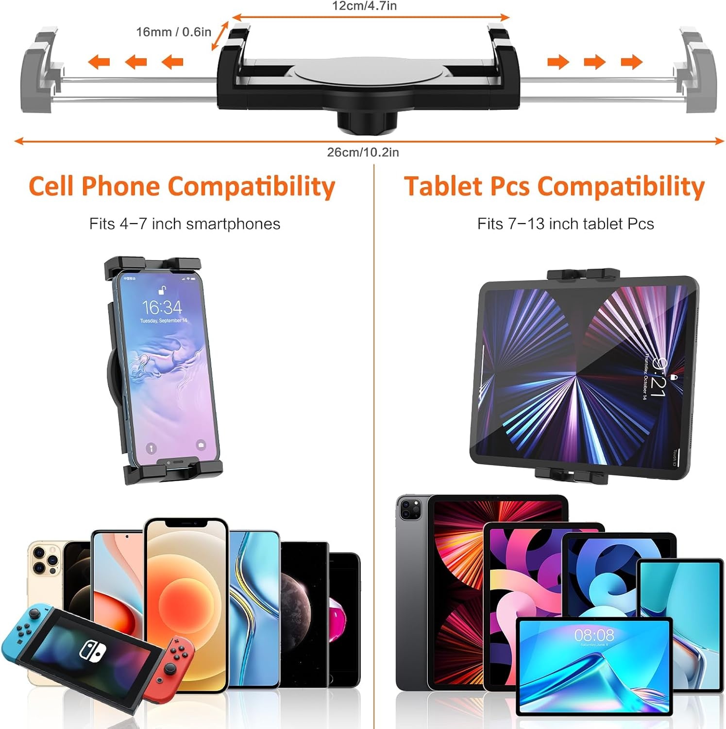 Dubbele Auto Tablethouder Bekerhouder [Dubbele Apparaatklem] Vrachtwagen Beker Tablet Houder met Verstelbare Metalen Arm voor iPad Mini Air Pro, Galaxy Tab, Surface, Fire, Telefoon, 4-12.9"