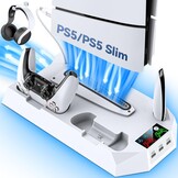 PS5/PS5 Pro Stand met Controller Oplaadstation voor alle P-5 Console, PS5 Koelstandaard met 3 Niveaus Koelventilator/Hoofdtelefoon Houder, PS5/PS5 Slim Accessoires met 3 USB Hubs