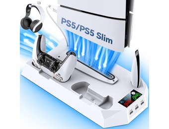 PS5/PS5 Pro Stand met Controller Oplaadstation voor alle P-5 Console, PS5 Koelstandaard met 3 Niveaus Koelventilator/Hoofdtelefoon Houder, PS5/PS5 Slim Accessoires met 3 USB Hubs