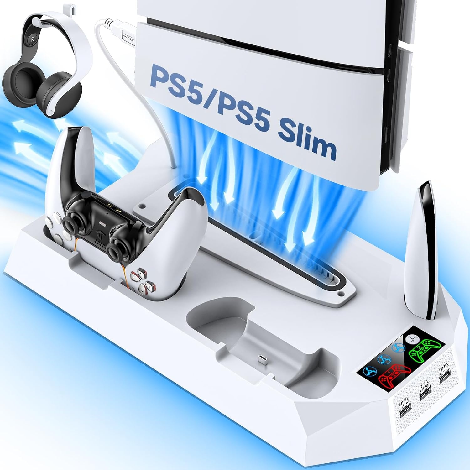 PS5/PS5 Pro Stand met Controller Oplaadstation voor alle P-5 Console, PS5 Koelstandaard met 3 Niveaus Koelventilator/Hoofdtelefoon Houder, PS5/PS5 Slim Accessoires met 3 USB Hubs