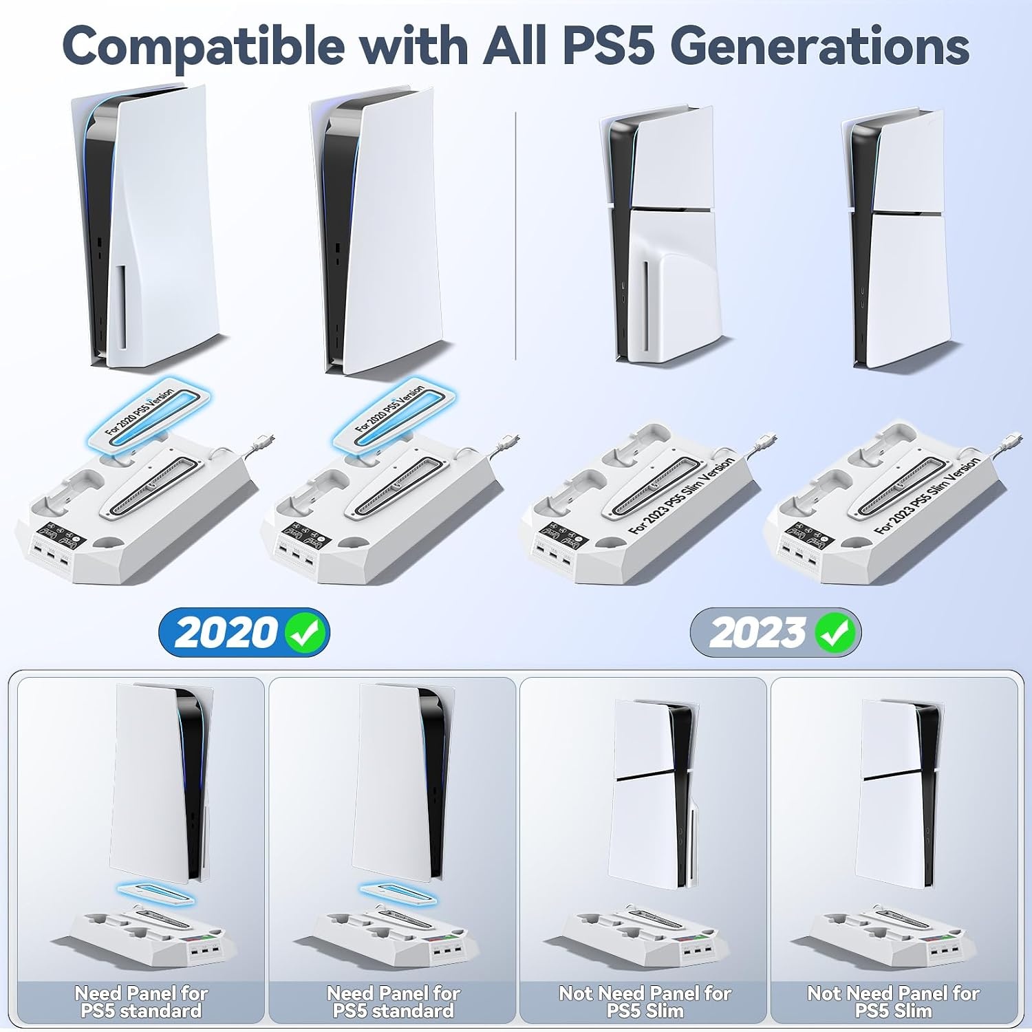 PS5/PS5 Pro Stand met Controller Oplaadstation voor alle P-5 Console, PS5 Koelstandaard met 3 Niveaus Koelventilator/Hoofdtelefoon Houder, PS5/PS5 Slim Accessoires met 3 USB Hubs