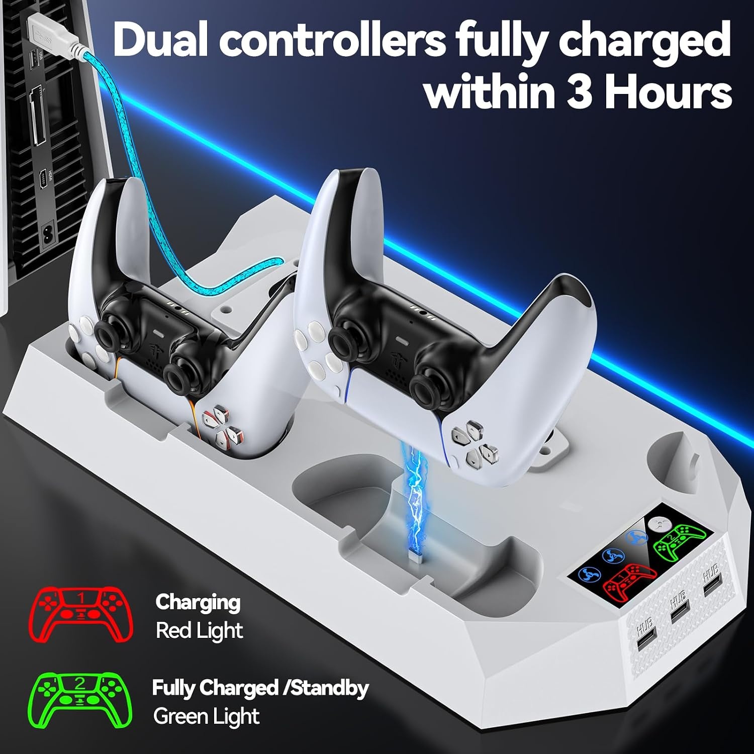 PS5/PS5 Pro Stand met Controller Oplaadstation voor alle P-5 Console, PS5 Koelstandaard met 3 Niveaus Koelventilator/Hoofdtelefoon Houder, PS5/PS5 Slim Accessoires met 3 USB Hubs