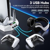 PS5/PS5 Pro Stand met Controller Oplaadstation voor alle P-5 Console, PS5 Koelstandaard met 3 Niveaus Koelventilator/Hoofdtelefoon Houder, PS5/PS5 Slim Accessoires met 3 USB Hubs