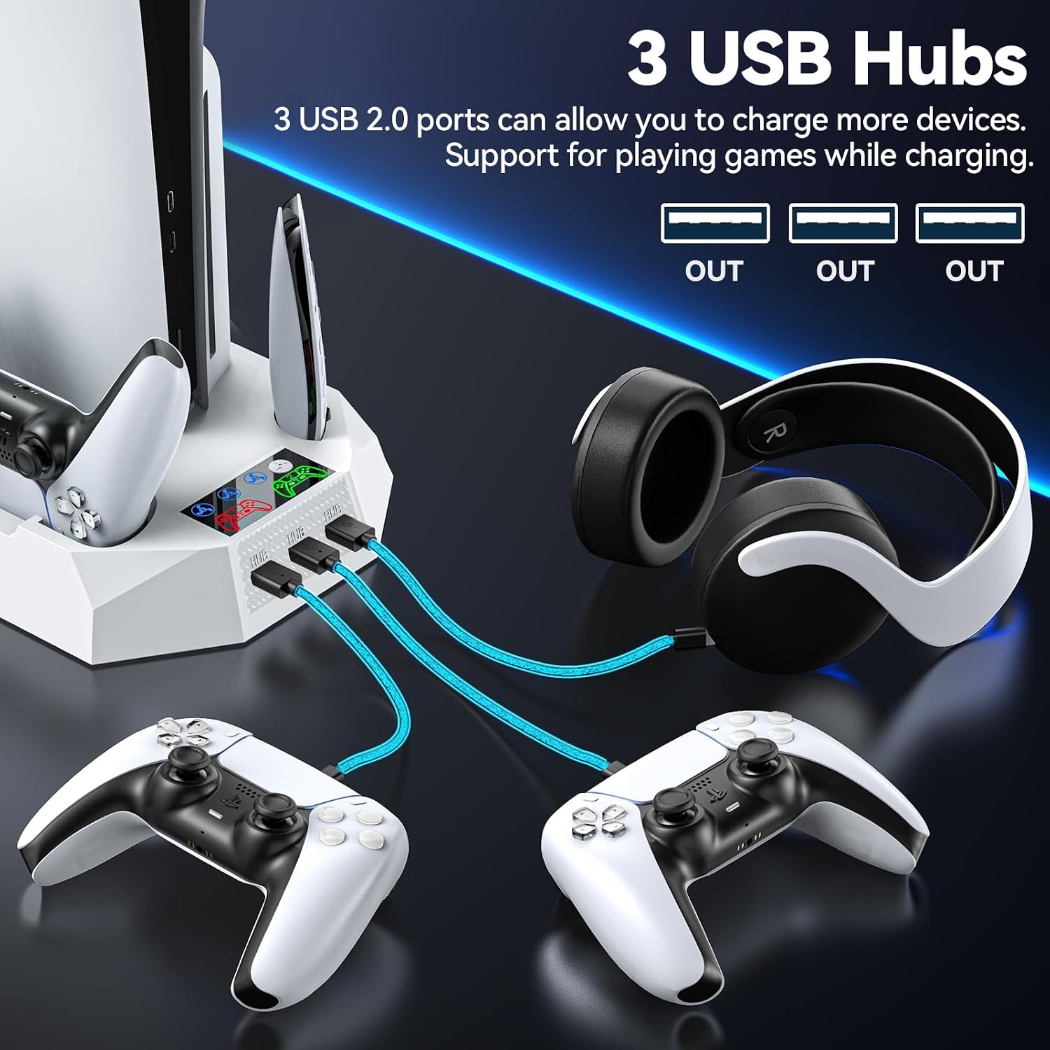 PS5/PS5 Pro Stand met Controller Oplaadstation voor alle P-5 Console, PS5 Koelstandaard met 3 Niveaus Koelventilator/Hoofdtelefoon Houder, PS5/PS5 Slim Accessoires met 3 USB Hubs