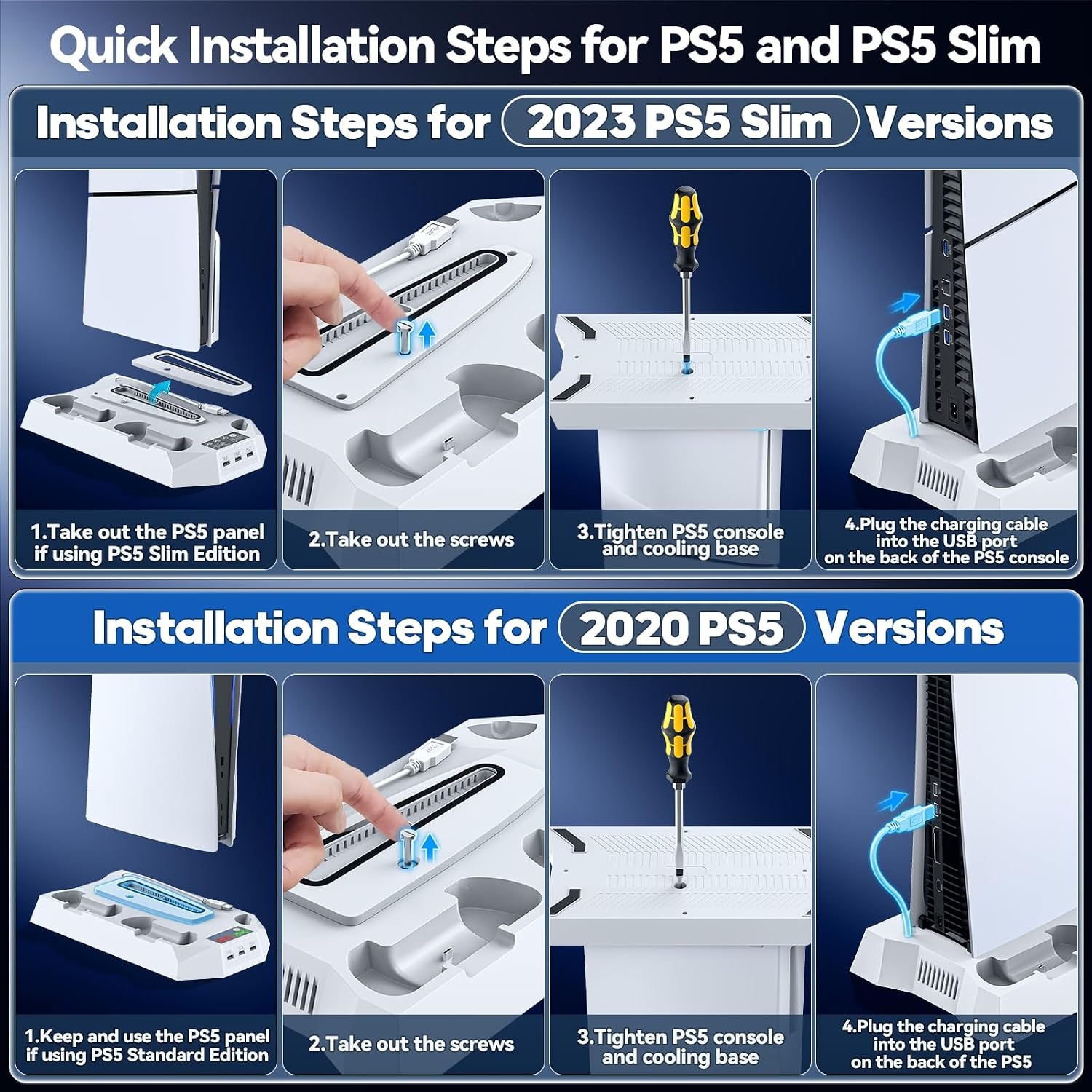 PS5/PS5 Pro Stand met Controller Oplaadstation voor alle P-5 Console, PS5 Koelstandaard met 3 Niveaus Koelventilator/Hoofdtelefoon Houder, PS5/PS5 Slim Accessoires met 3 USB Hubs