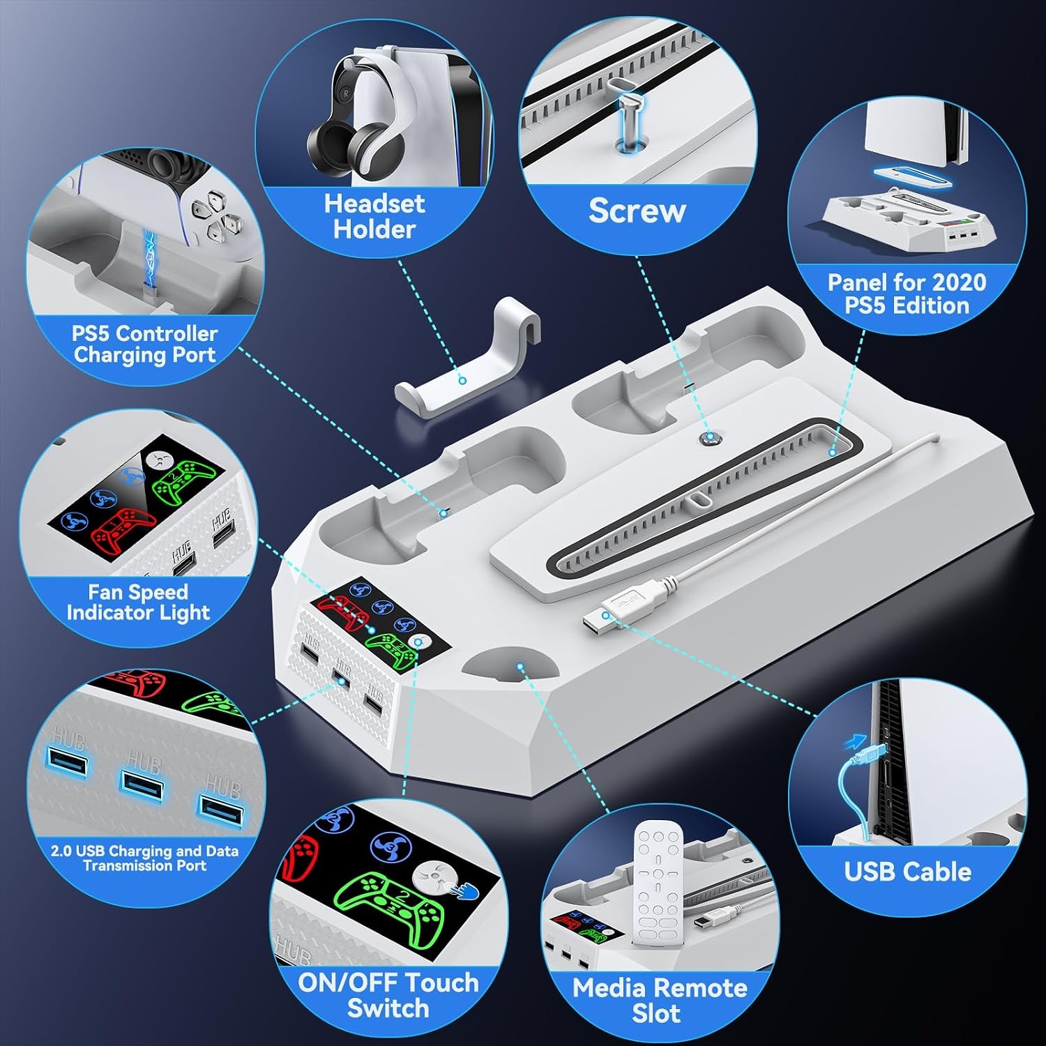 PS5/PS5 Pro Stand met Controller Oplaadstation voor alle P-5 Console, PS5 Koelstandaard met 3 Niveaus Koelventilator/Hoofdtelefoon Houder, PS5/PS5 Slim Accessoires met 3 USB Hubs