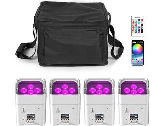 Set van 4 witte led-projectoren 108 W met tas, RGBWA + UV DMX-app, ingebouwde oplaadbare batterij van 9600 mAh, Uplight podiumverlichting met afstandsbediening voor DJ, bar, karaoke