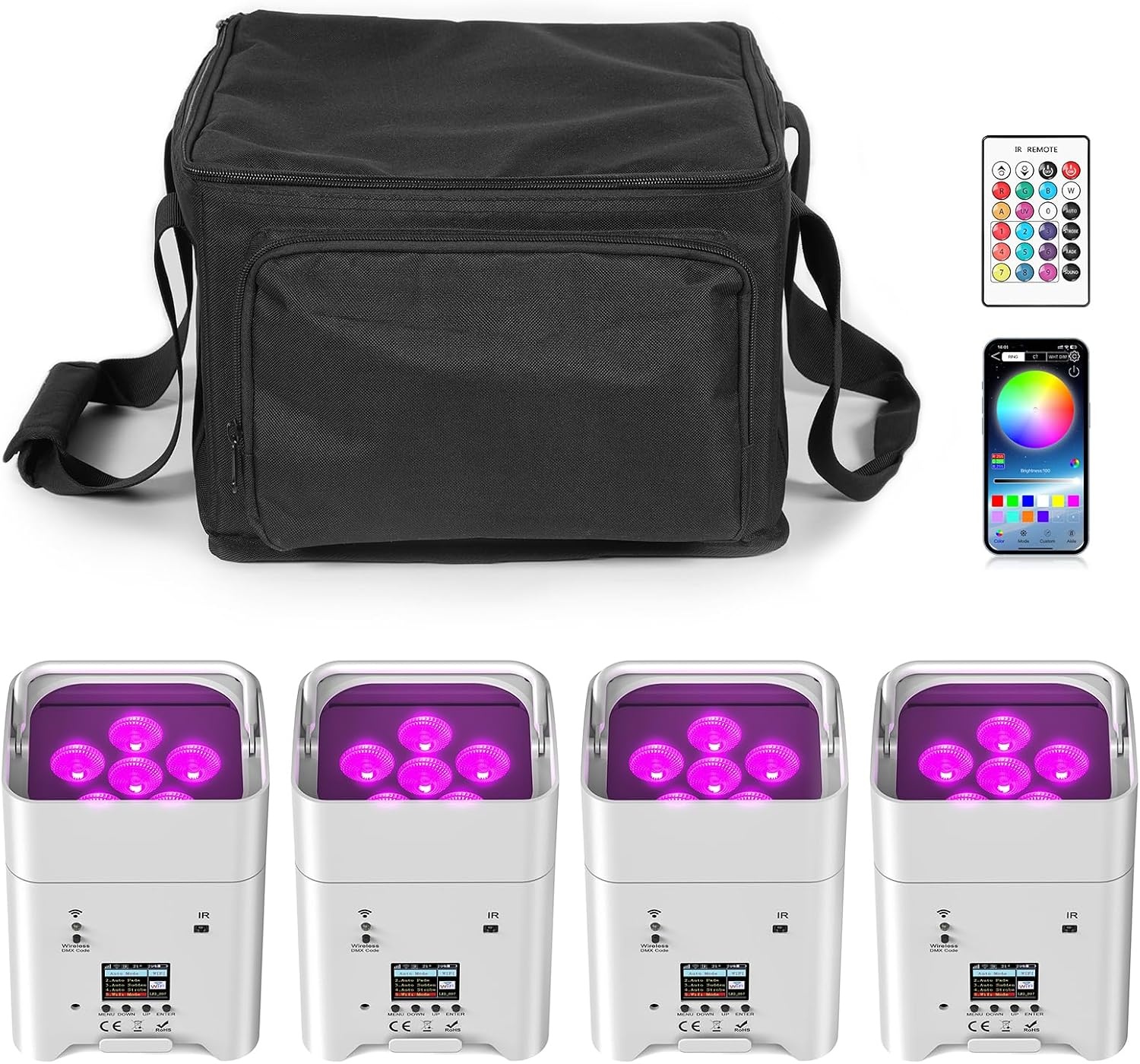 Set van 4 witte led-projectoren 108 W met tas, RGBWA + UV DMX-app, ingebouwde oplaadbare batterij van 9600 mAh, Uplight podiumverlichting met afstandsbediening voor DJ, bar, karaoke