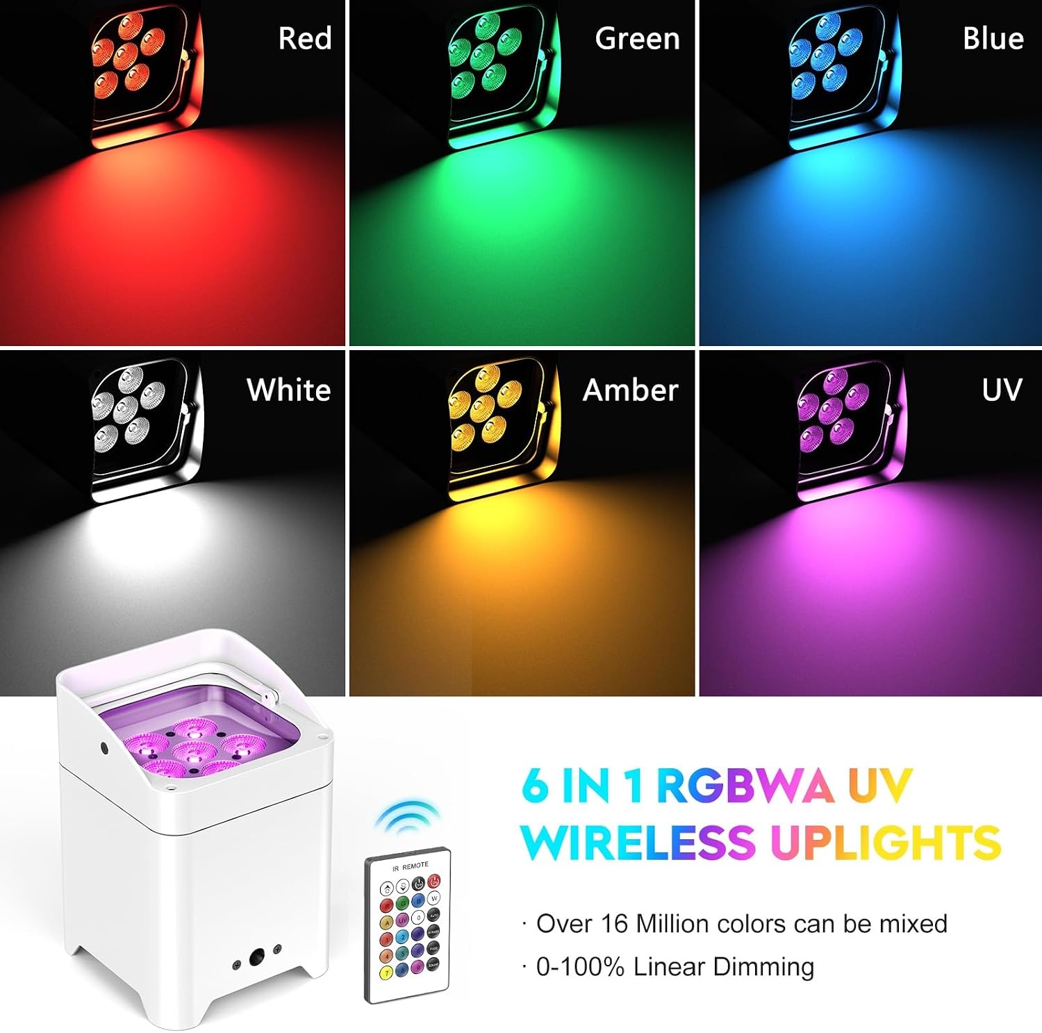 Set van 4 witte led-projectoren 108 W met tas, RGBWA + UV DMX-app, ingebouwde oplaadbare batterij van 9600 mAh, Uplight podiumverlichting met afstandsbediening voor DJ, bar, karaoke