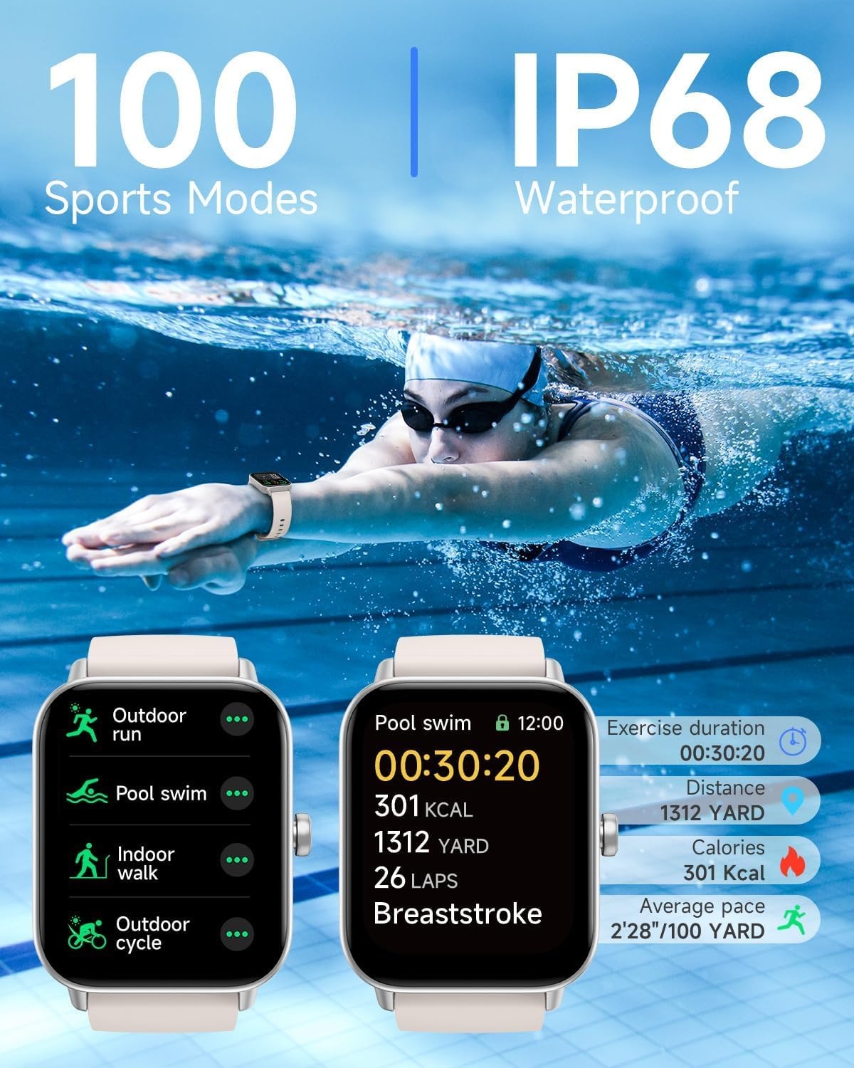 TOOBUR Smartwatch 1,8 inch met Alexa en Bluetooth bellen - Beige