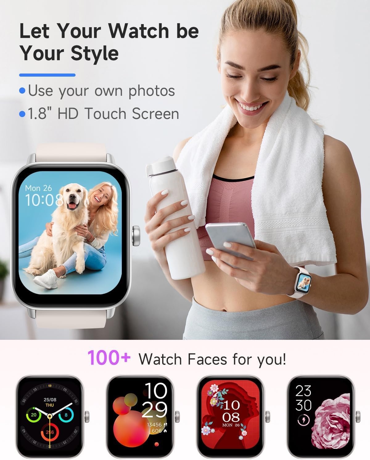 TOOBUR Smartwatch 1,8 inch met Alexa en Bluetooth bellen - Beige